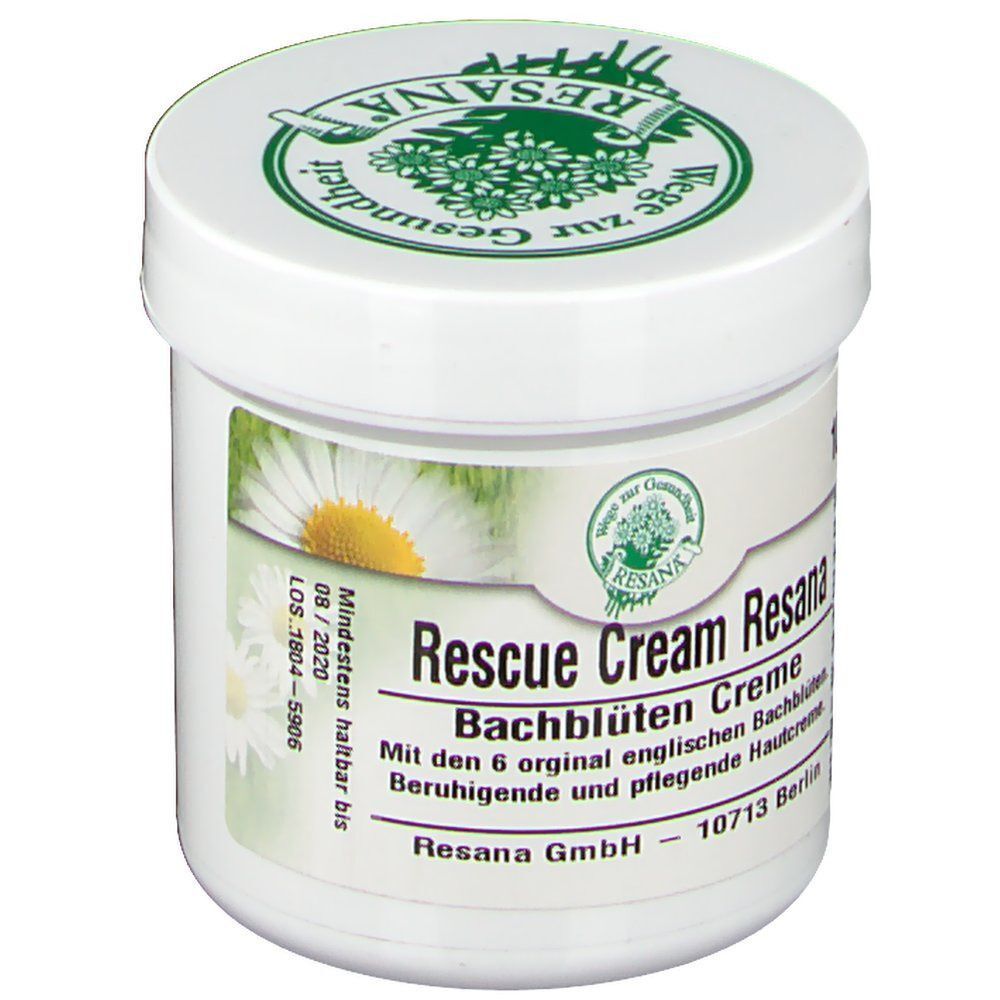Weißer Cremetiegel mit grünem Deckel. Aufschrift: Resana Rescue Cream. Etikett mit Text und Kamillenblüten-Abbildung.