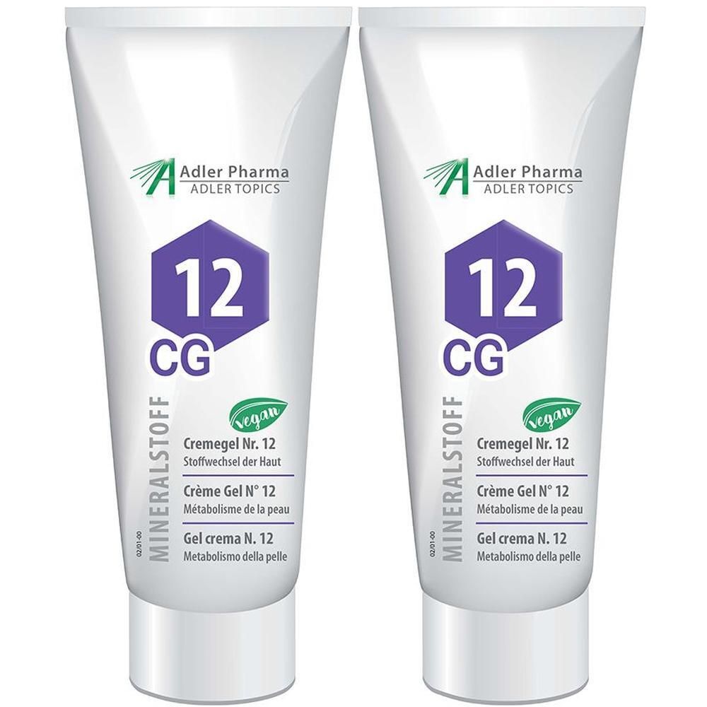 Zwei Tuben Cremegel. Auf jeder Tube: Marke Adler Pharma, Logo, Nummer 12, CG, MINERALSTOFF, vegan.