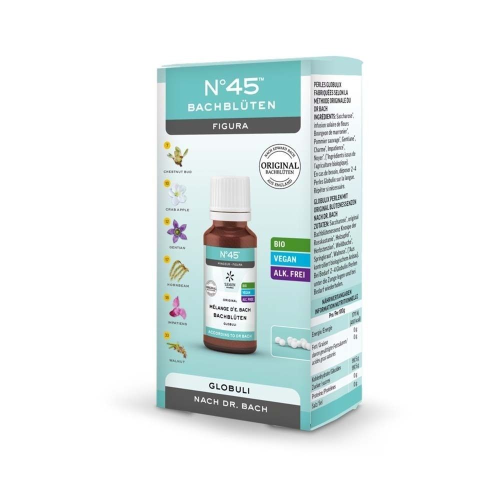 Verpackung N°45 Bachblüten Globuli mit Flasche und Informationen.