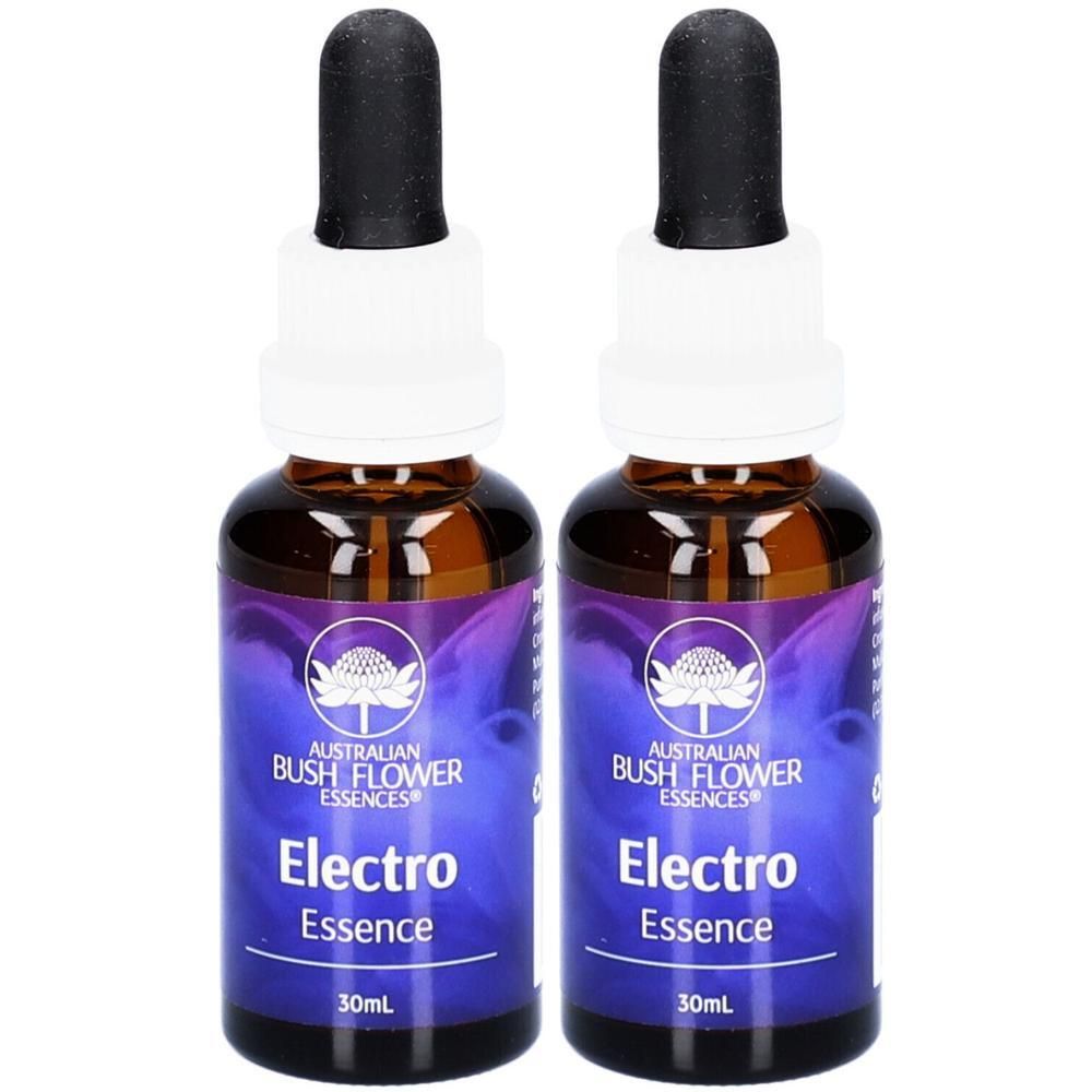Zwei Flaschen mit braunem Inhalt, weißen Deckeln und schwarzen Pipetten. Auf den Etiketten steht "Australian Bush Flower Essences" und "Electro Essence".