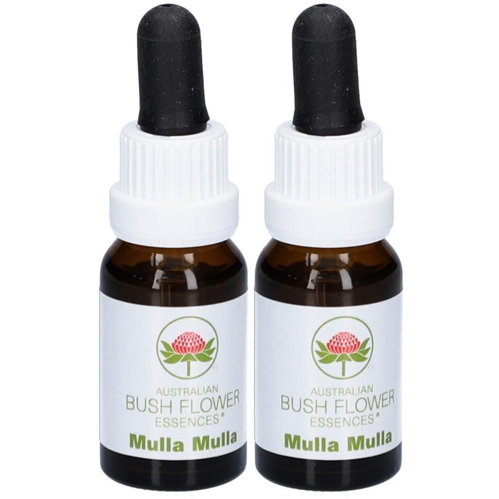 Zwei braune Glasflaschen mit Tropfaufsatz. Auf den Etiketten steht "Australian Bush Flower Essences Mulla Mulla".