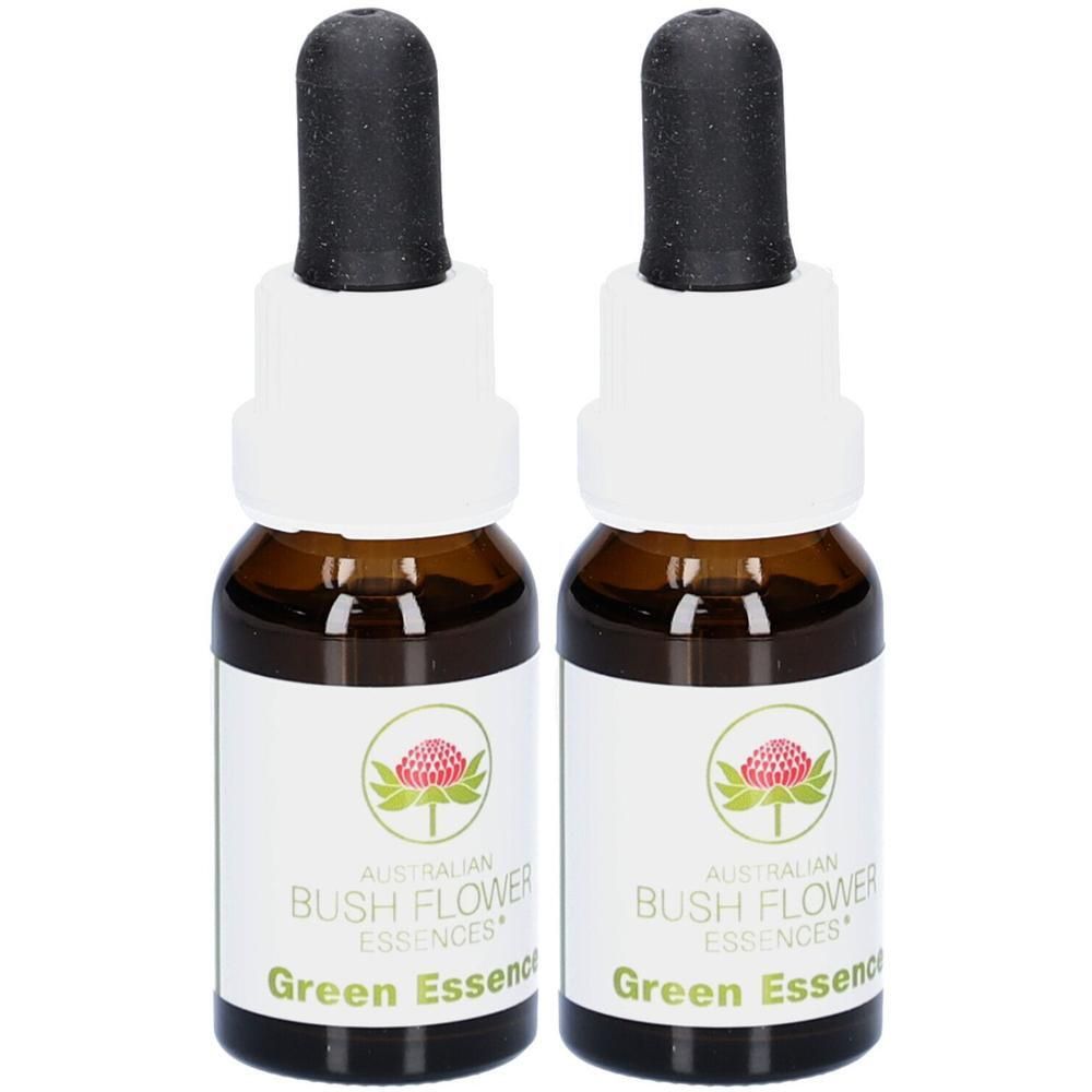 Zwei braune Glasflaschen mit weißen Etiketten und schwarzen Pipetten. Auf den Etiketten steht "Green Essence".