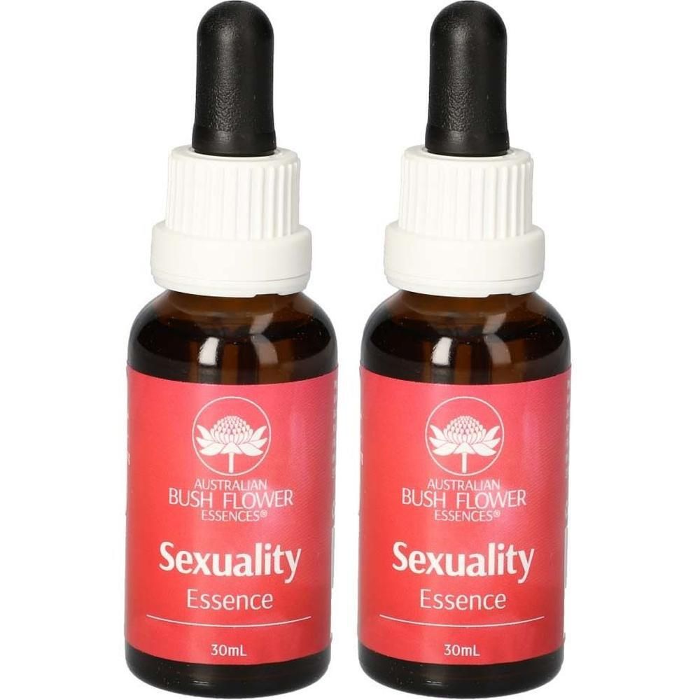 Zwei braune Glasflaschen mit rotem Etikett. Aufschrift: Sexuality Essence. Schwarze Pipettenaufsätze. Logo: Blüte.