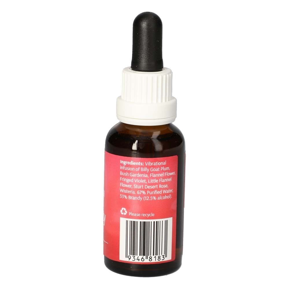 Braune Glasflasche mit rotem Etikett. Aufschrift: Sexuality. Schwarzer Pipettenaufsatz. Barcode und Zutatenliste.