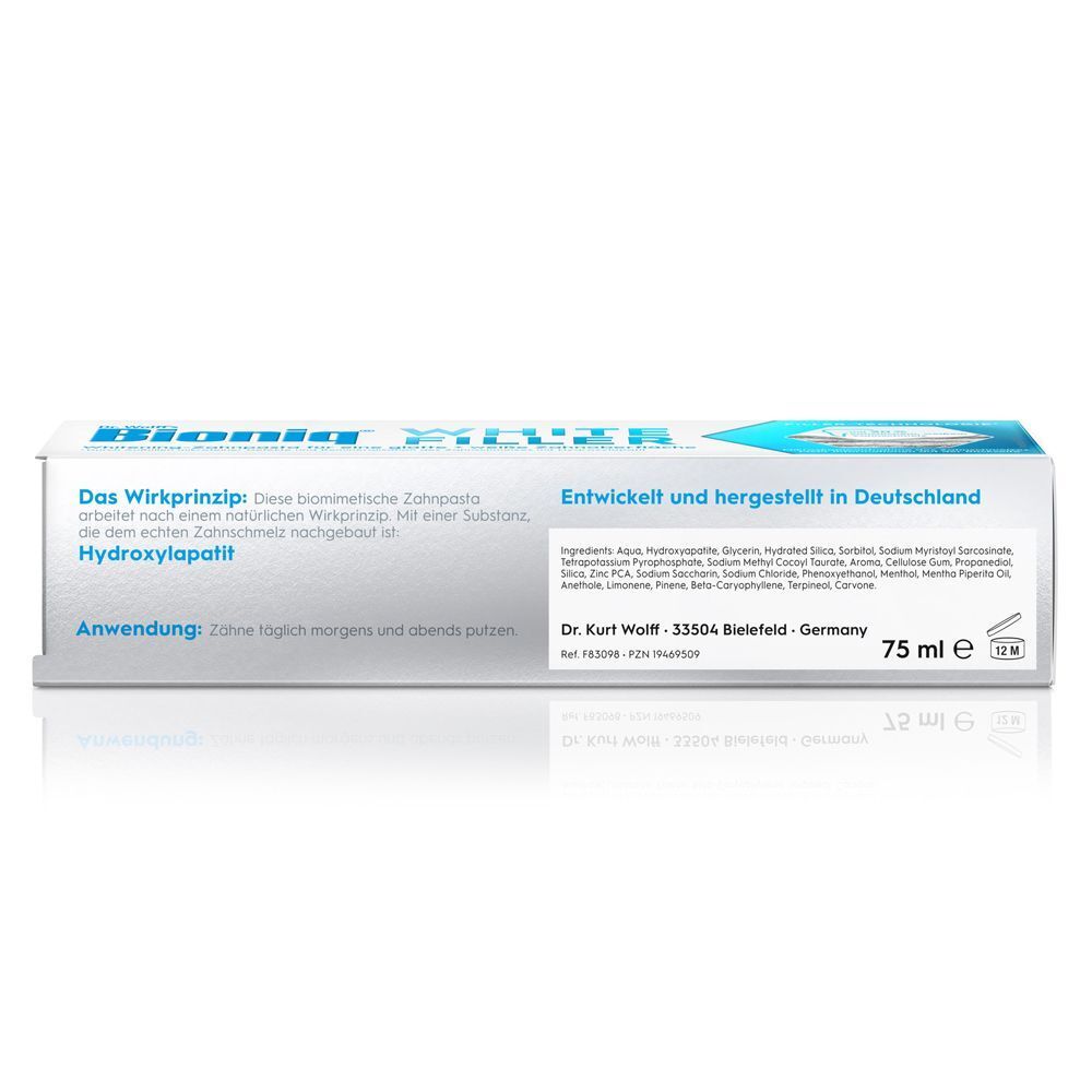Bioniq White Filler Zahnpasta-Karton. Textinformationen über die Inhaltsstoffe und die Anwendung. Herstelleradresse.