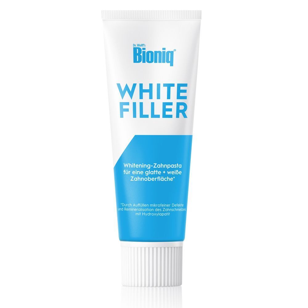 Bioniq White Filler Zahnpasta-Tube. Produktname und Logo. Blaue und weiße Farbkombination. Weiße Kappe.
