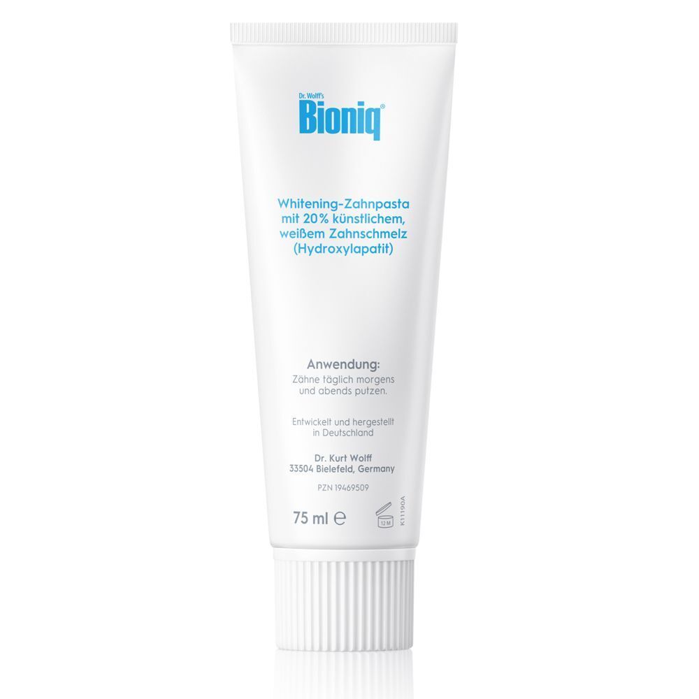 Bioniq White Filler Zahnpasta-Tube. Produktname und Logo. Textinformationen. Weiße Kappe. 75 ml.