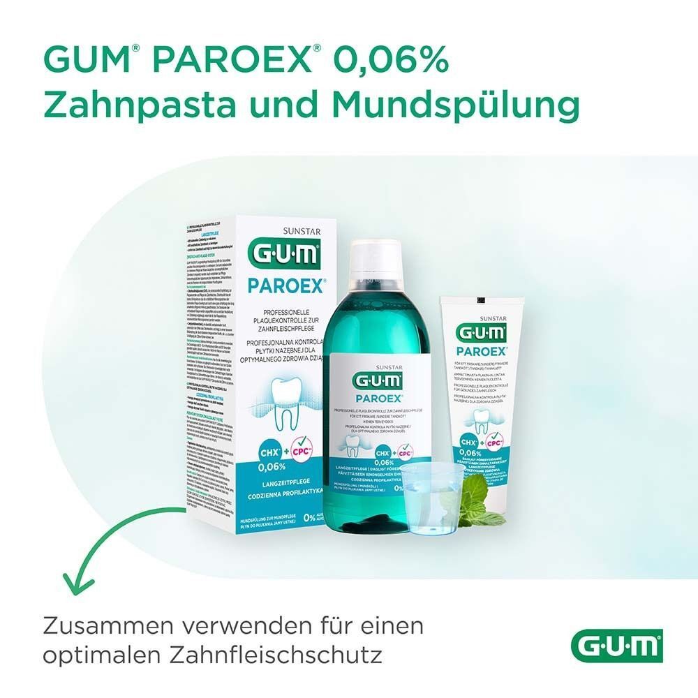 Zahnpasta, Mundspülung und Verpackung. Aufschrift: GUM Paroex 0,06%. Für optimalen Zahnfleischschutz.