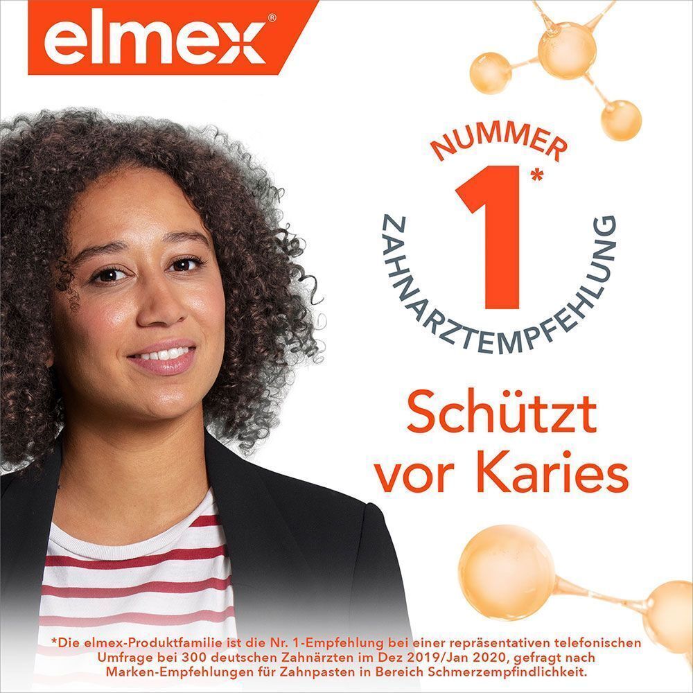 Frau lächelt. Text: Nr. 1 Zahnarztempfehlung. Schützt vor Karies. elmex Logo.