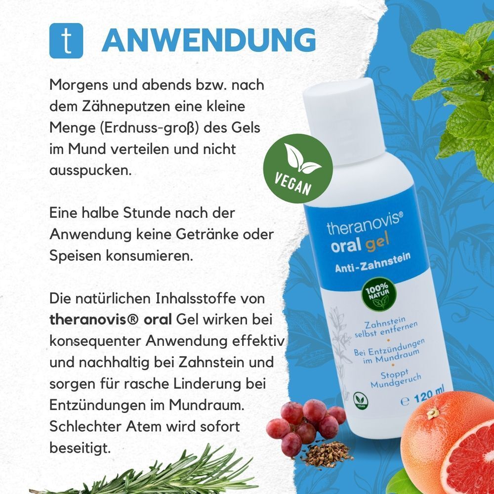 Anwendung: Theranovis® oral gel. Flasche mit Text. Zutaten: Trauben, Rosmarin, Grapefruit. Vegan-Siegel.