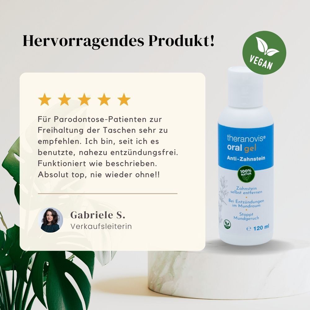 Bewertung: Theranovis® oral gel. Flasche mit Text. 5 Sterne. Zitat von Gabriele S. Vegan-Siegel.