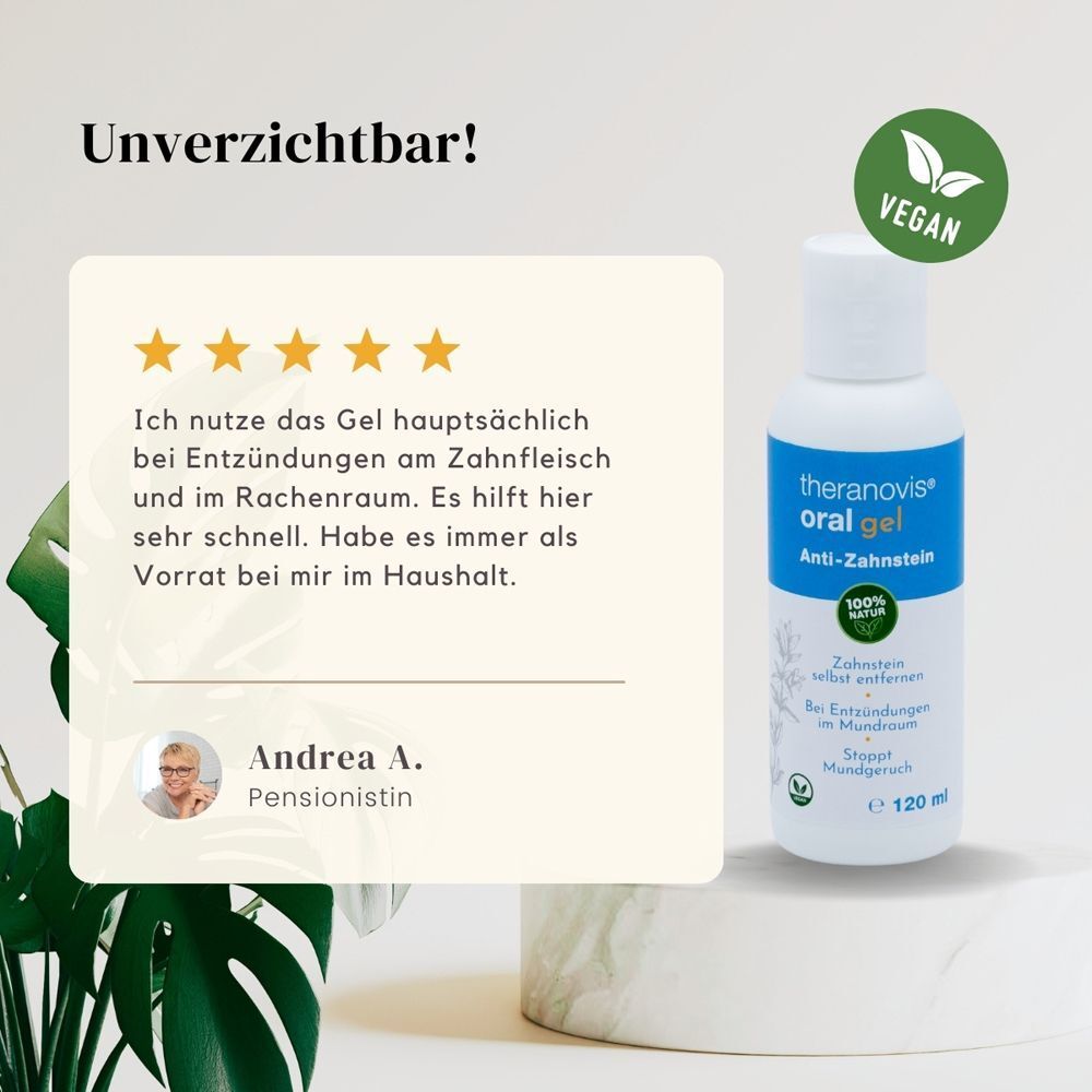 Bewertung: Theranovis® oral gel. Flasche mit Text. 5 Sterne. Zitat von Andrea A. Vegan-Siegel.