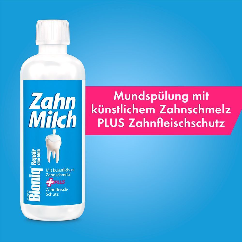 Eine Flasche Bioniq® Zahn-Milch. Blaue Etikett mit weißem Schriftzug und Zahn-Illustration. Text: Mundspülung mit künstlichem Zahnschmelz.