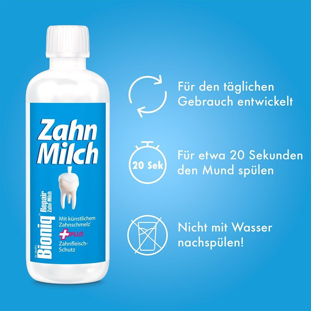 Flasche Bioniq® Zahn-Milch mit Anweisungen: tägliche Anwendung, 20 Sekunden spülen, nicht mit Wasser nachspülen.