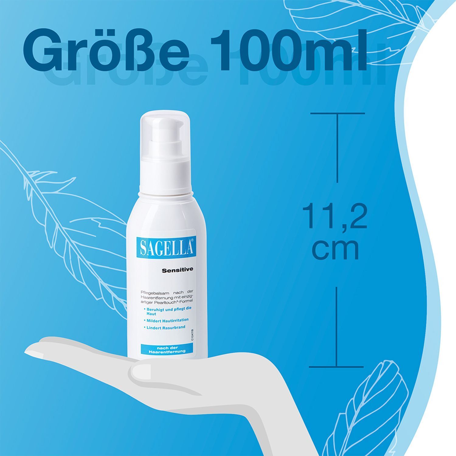 Weiße Flasche mit Sprühkopf. Aufschrift: SAGELLA Sensitive. Größe: 100ml, 11,2 cm.