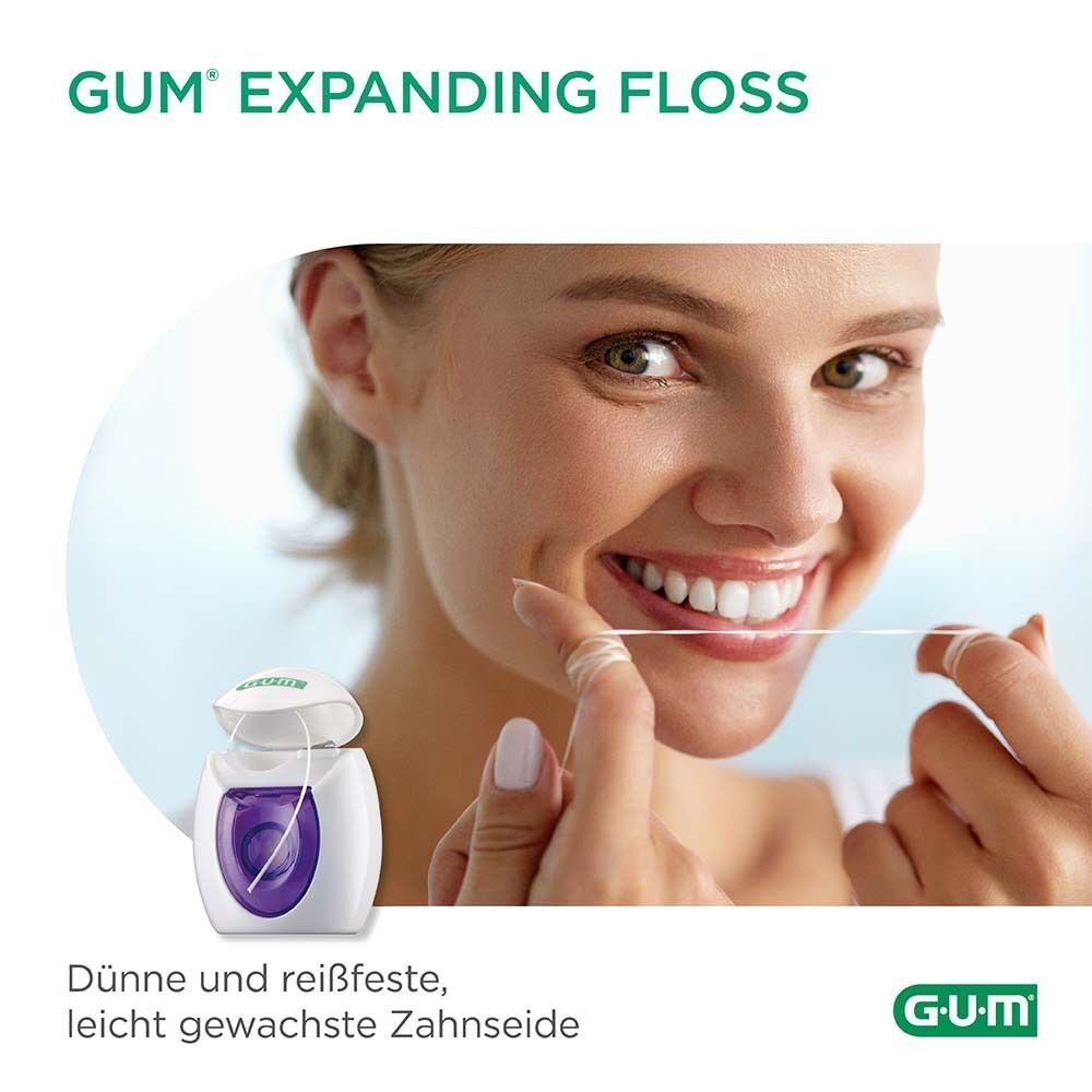 Frau benutzt Zahnseide. GUM Expanding Floss-Behälter im Bild. GUM-Logo unten rechts.