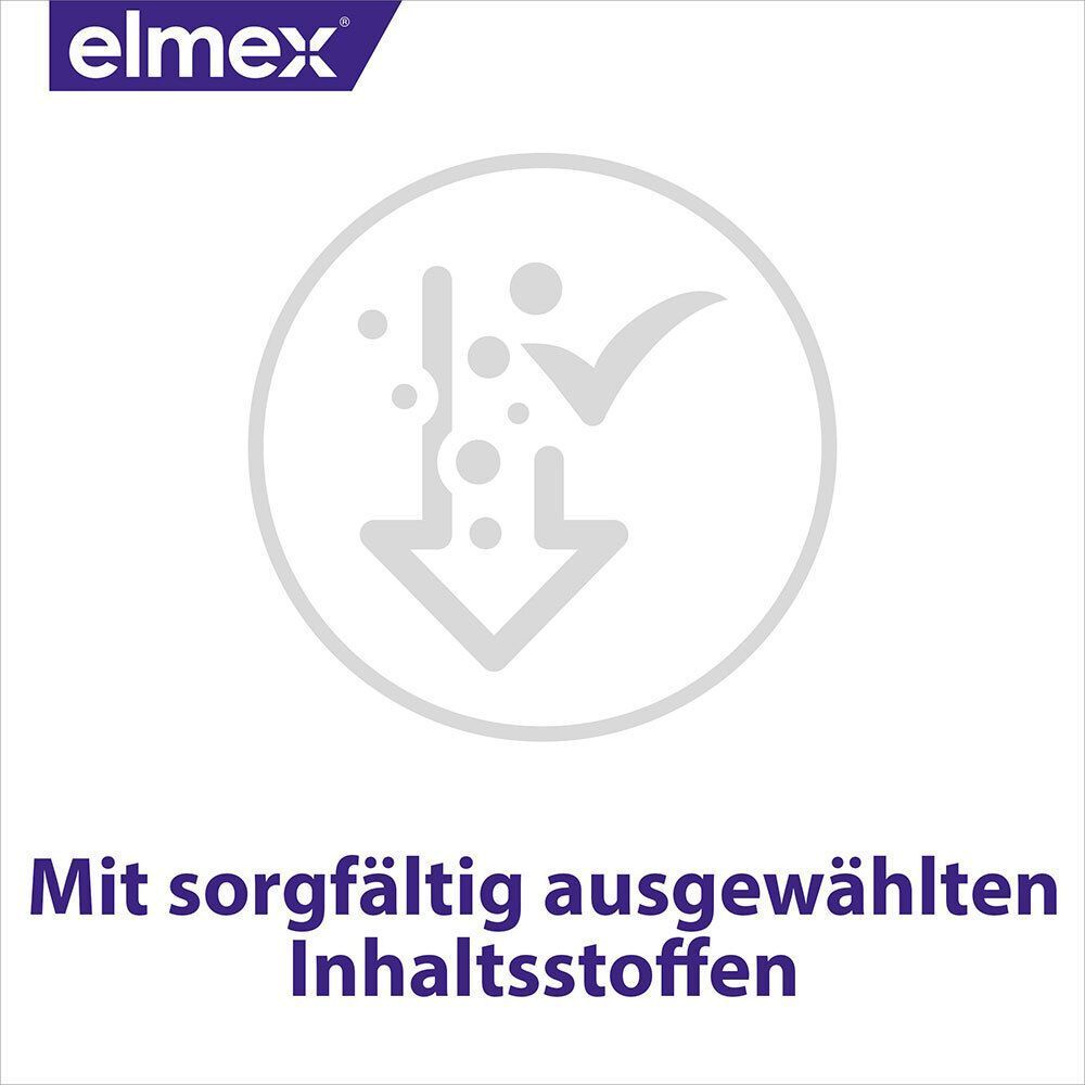 Rundes Symbol mit Pfeilen und Text: Mit sorgfältig ausgewählten Inhaltsstoffen. elmex Logo.