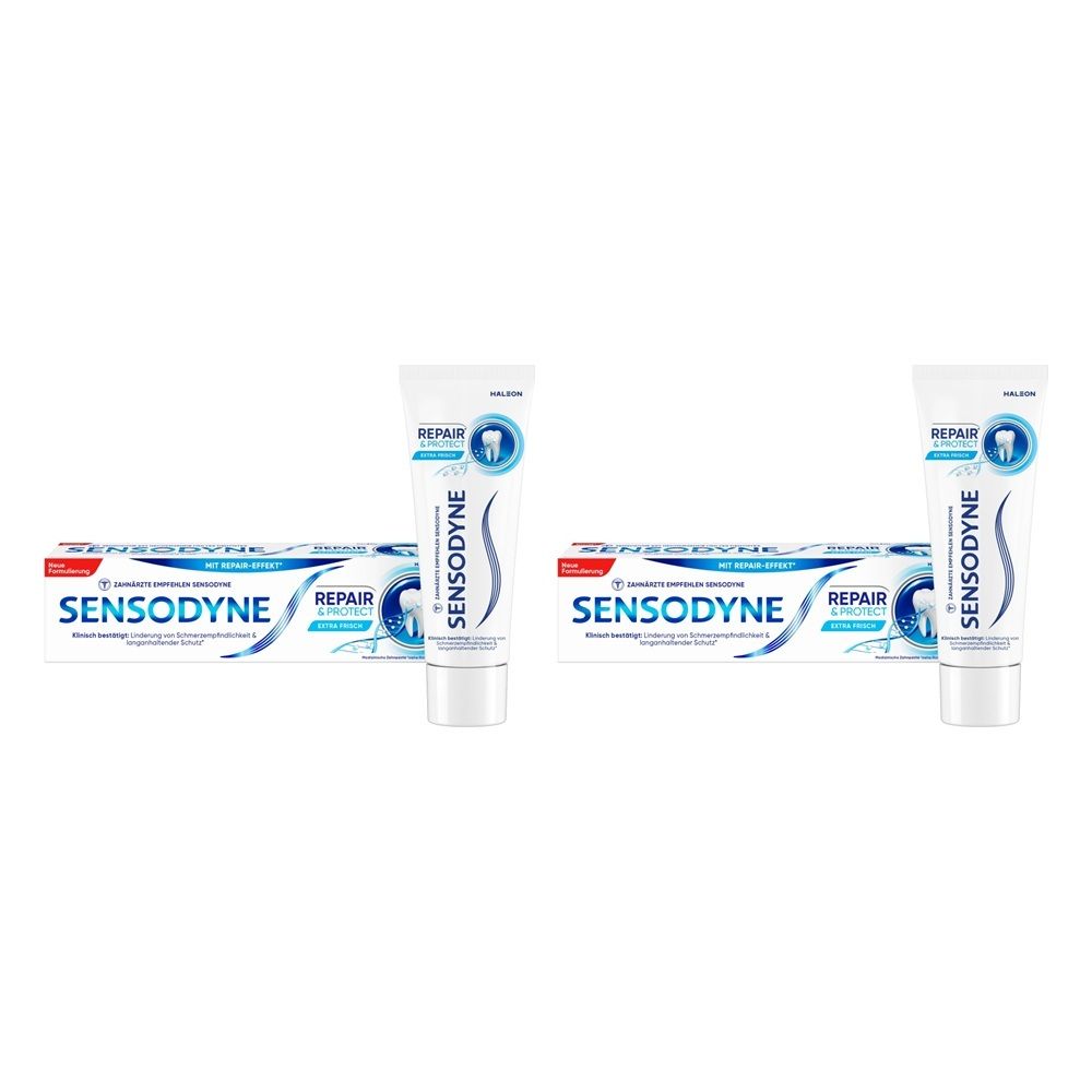 Zwei Sensodyne Repair Zahnpasta Tuben und Verpackungen.