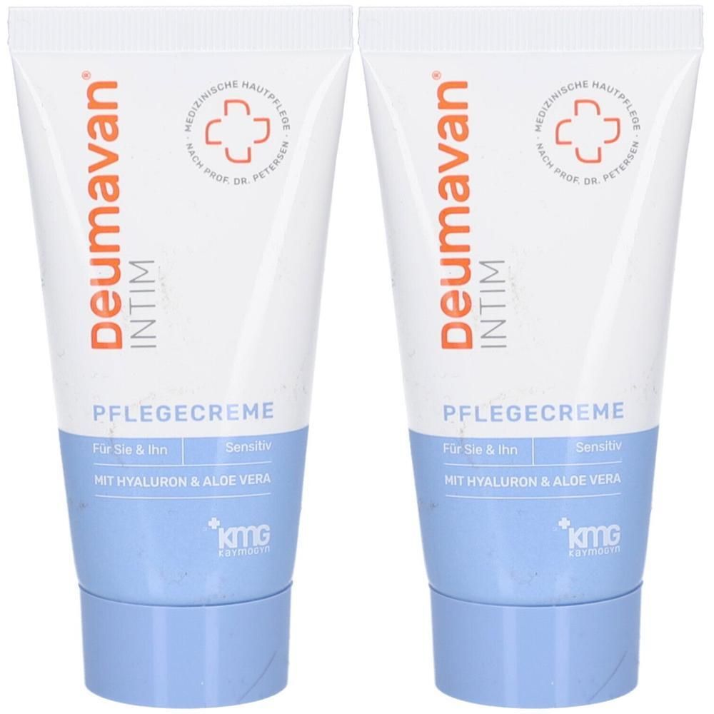 Zwei Tuben Deumavan Intim Pflegecreme. Weiße Tuben mit blauen Elementen und Schriftzügen. Medizinische Hautpflege.