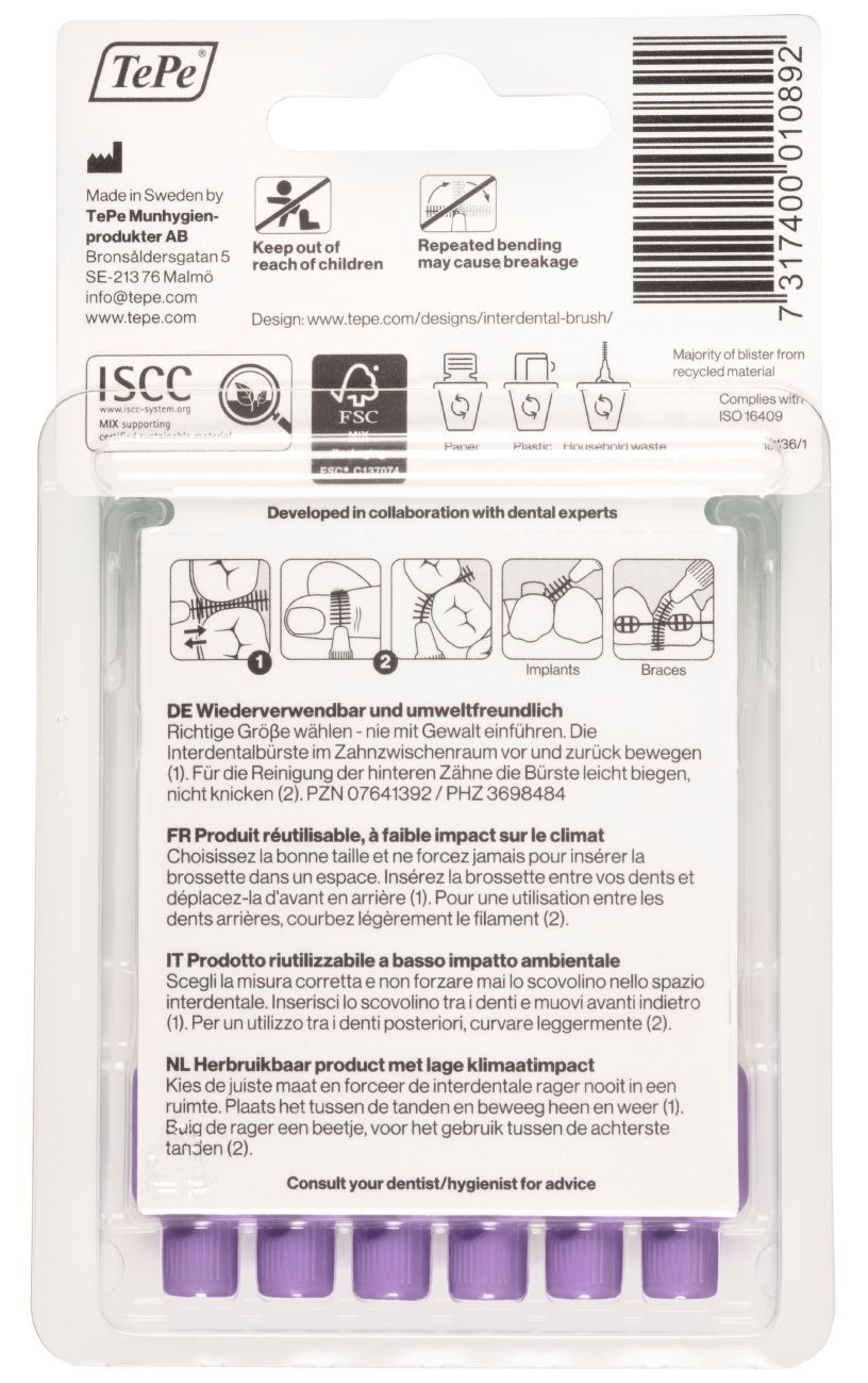 Rückseite der TePe Interdentalbürsten-Verpackung. Informationen zu Hersteller, FSC-Zertifizierung, Recycling und Gebrauchsanweisung in Deutsch, Französisch, Italienisch und Niederländisch.