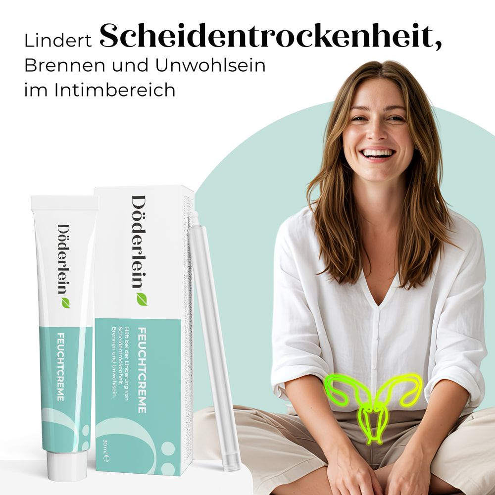 Frau mit Döderlein Feuchtcreme und einer Grafik des weiblichen Intimbereichs.