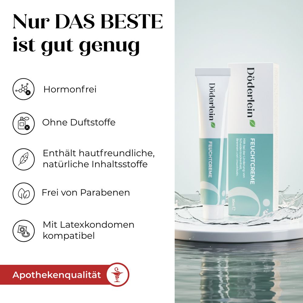 Zufriedene Anwenderin hält Döderlein Feuchtcreme Tube und gibt eine positive Bewertung.