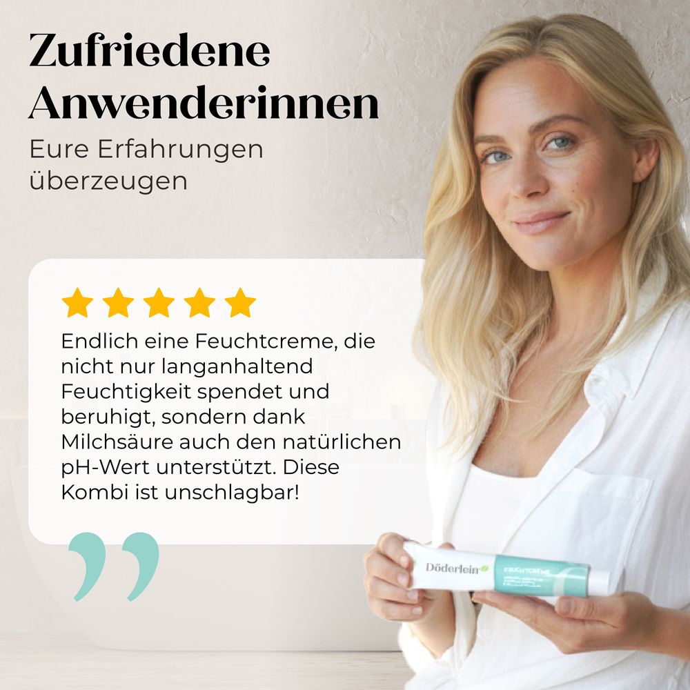 Döderlein Feuchtcreme Schachtel mit detaillierter Liste der Inhaltsstoffe und "Frei von Hormonen & Duftstoffen".