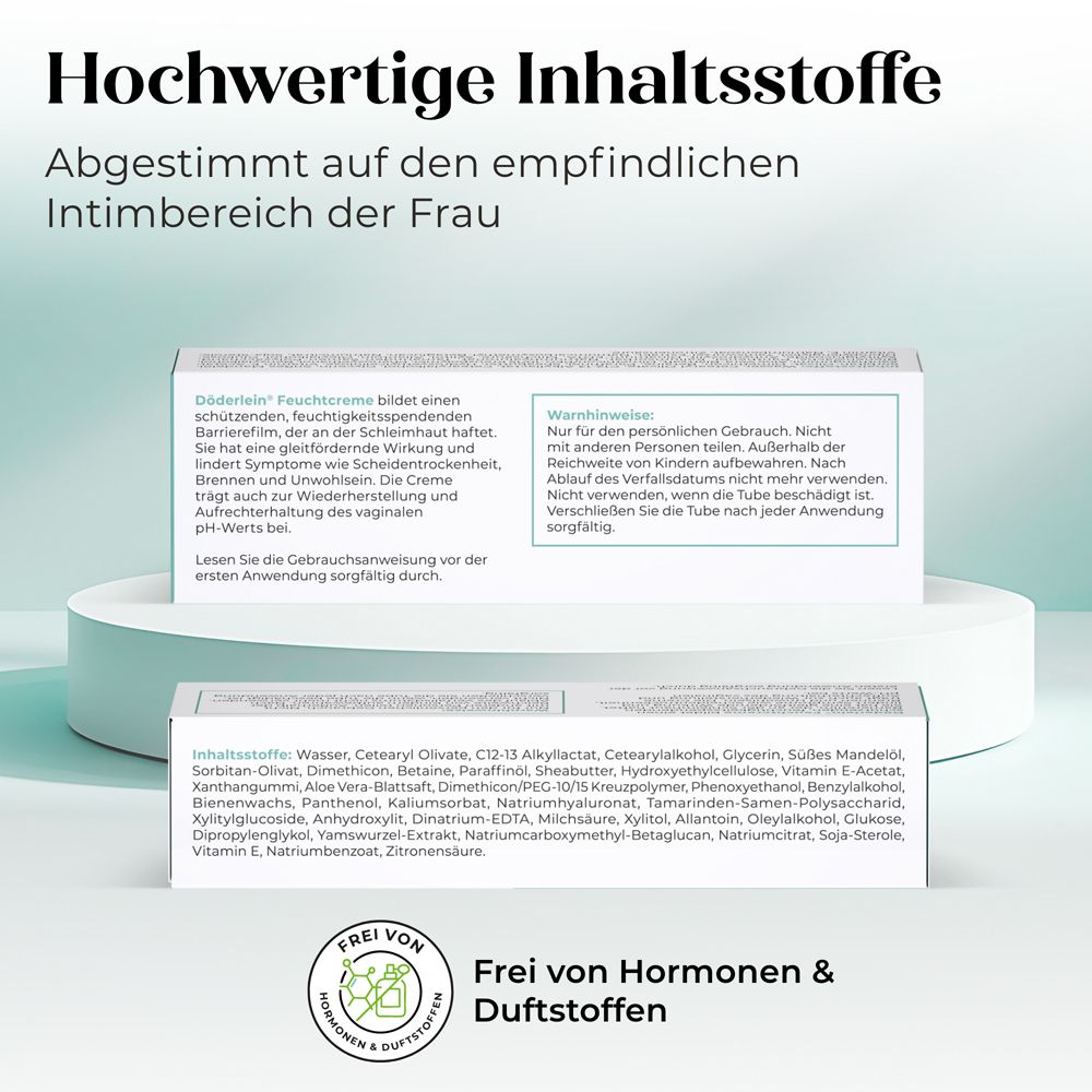 Verschiedene Döderlein Produkte, darunter Feuchtcreme, Female Biotic und CystiBiotic.