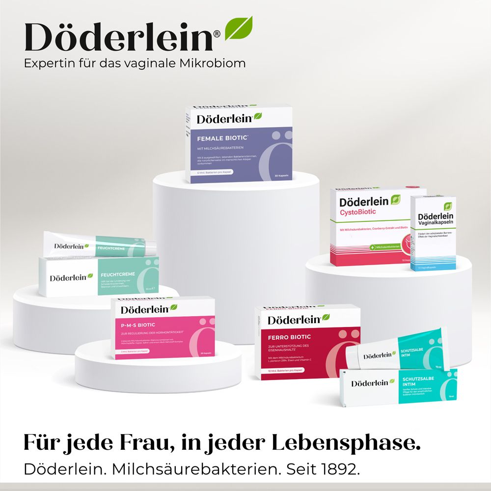 Präsentation verschiedener Döderlein Produkte, darunter Feuchtcreme, Female Biotic, CystiBiotic, FerroBiotic.