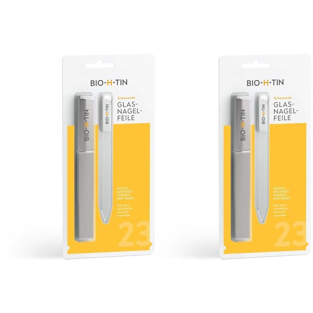 Zwei BIO-H-TIN® Glas-Nagelfeilen in Verpackung. Gelbe Karte mit Produktname und Text. Graue Hülle und Feile.