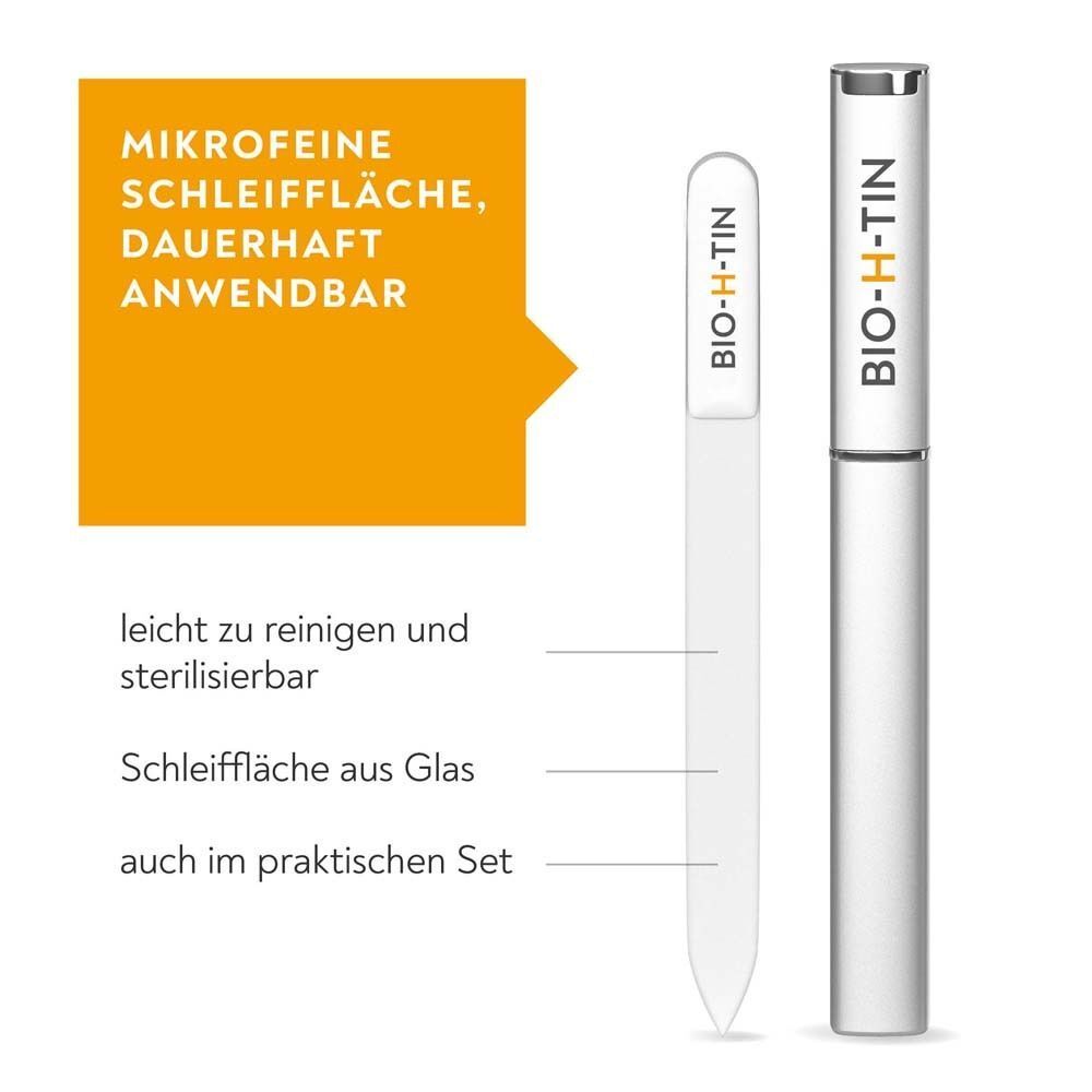 BIO-H-TIN® Glas-Nagelfeile und Hülle. Text: Mikrofeine Schleiffläche, dauerhaft anwendbar. Leicht zu reinigen und sterilisierbar.