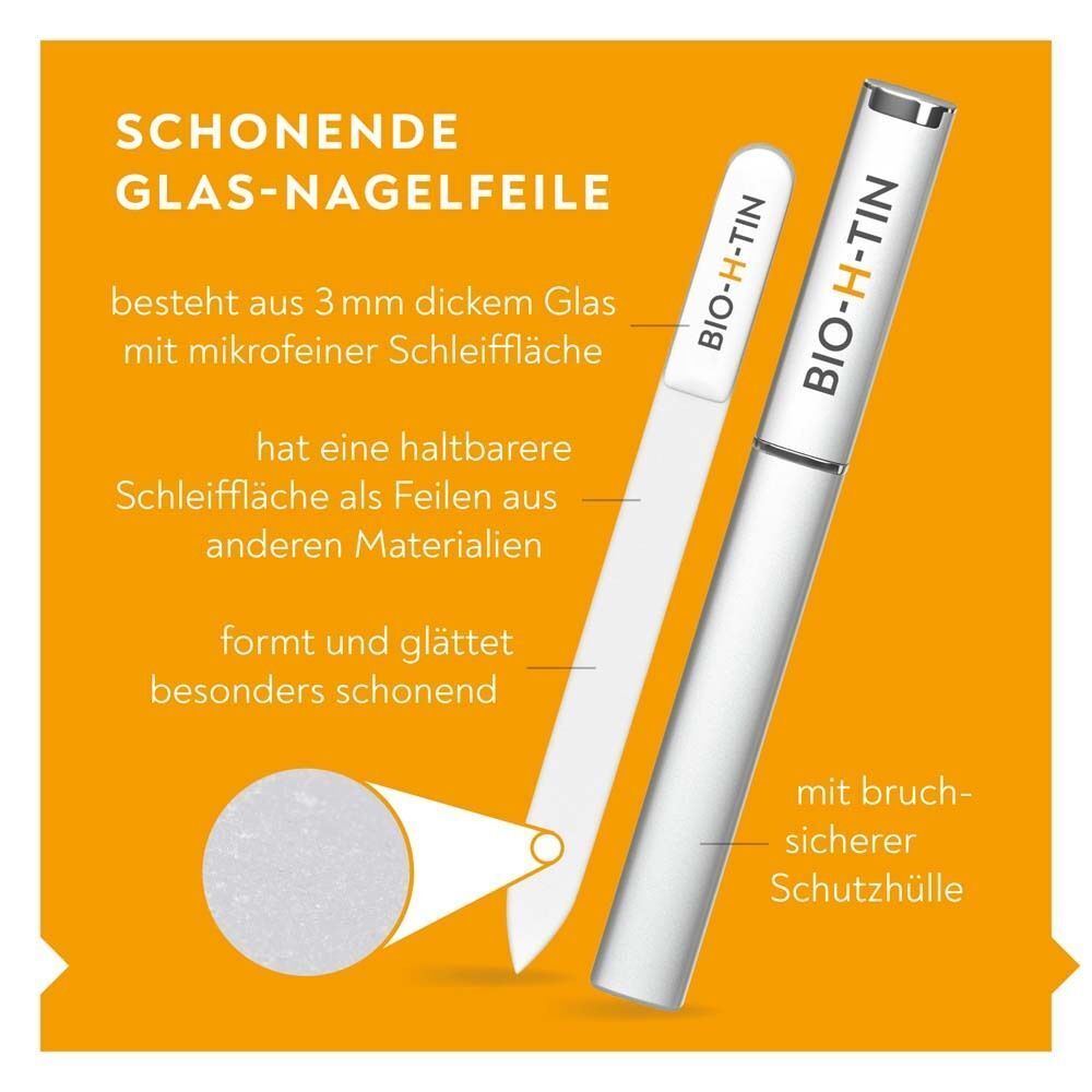 BIO-H-TIN® Glas-Nagelfeile und Hülle. Text: Schonende Glas-Nagelfeile. Besteht aus 3 mm dickem Glas. Mit bruchsicherer Schutzhülle.