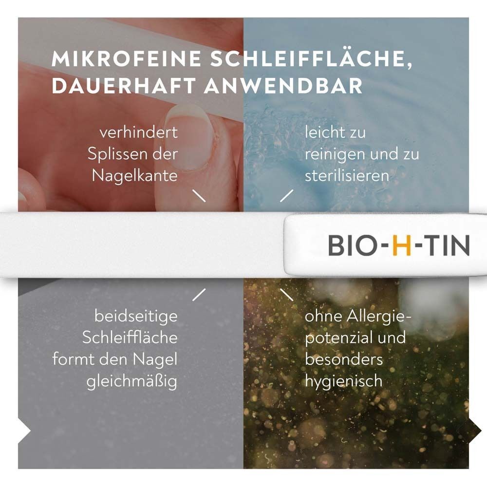Nahaufnahme der BIO-H-TIN® Glas-Nagelfeile. Text: Mikrofeine Schleiffläche, dauerhaft anwendbar. Beidseitige Schleiffläche.