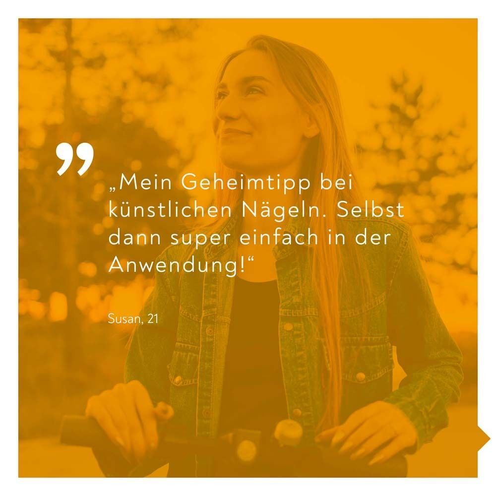Porträt einer Frau mit Zitat: Mein Geheimtipp bei künstlichen Nägeln. BIO-H-TIN® Glas-Nagelfeile. Gelber Hintergrund.
