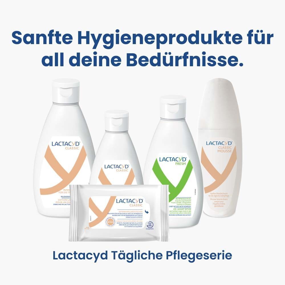 Verschiedene Lactacyd-Produkte. Text: Sanfte Hygieneprodukte für all deine Bedürfnisse. Lactacyd Tägliche Pflegeserie.