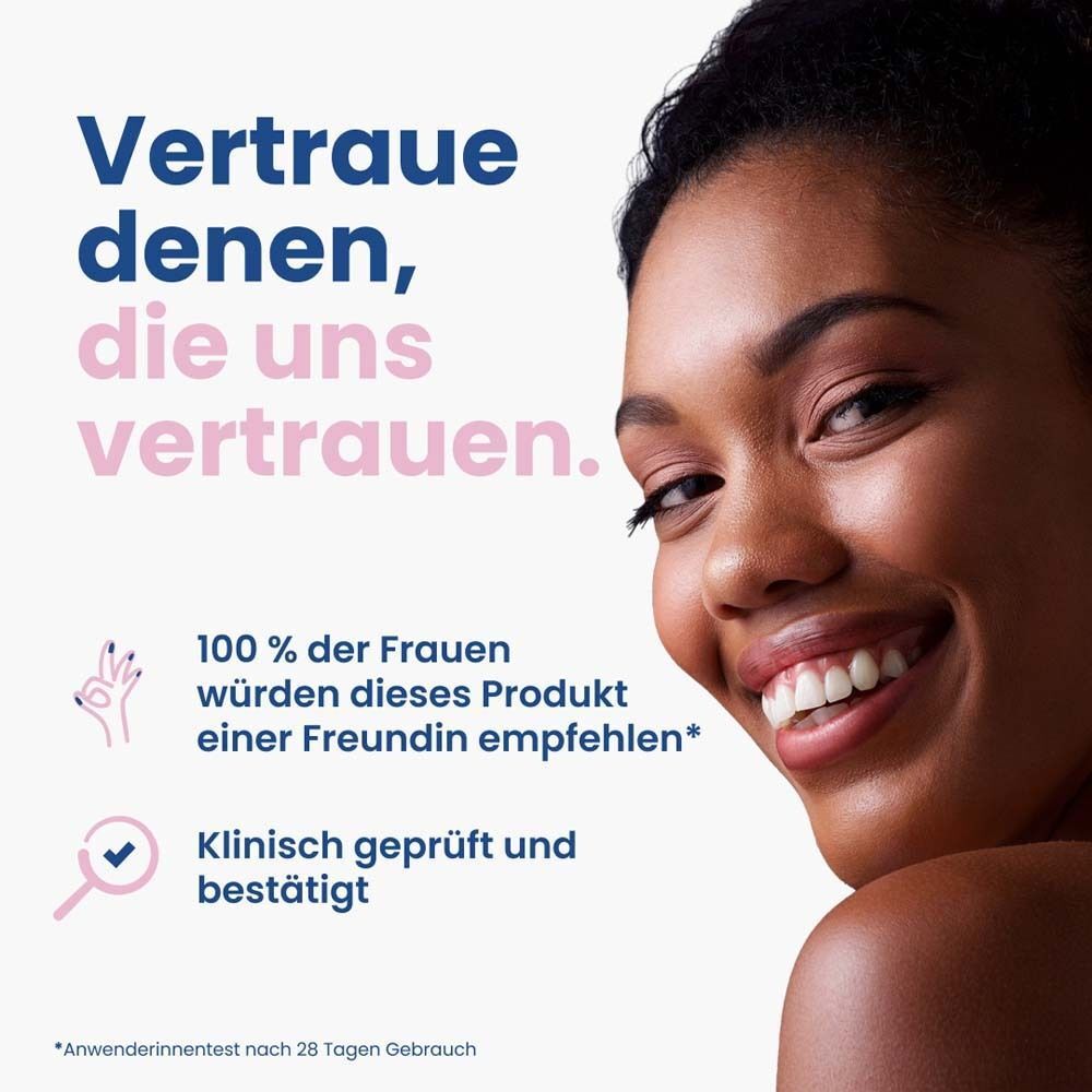 Eine lächelnde Frau. Text: Vertraue denen, die uns vertrauen. Klinisch geprüft und bestätigt.