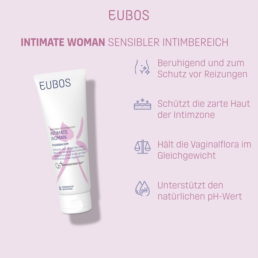 EUBOS Intimate Woman Pflegebalsam. Produkt auf rosa Hintergrund. Text: Sensibler Intimbereich. Vorteile: Schutz, pH-Wert.