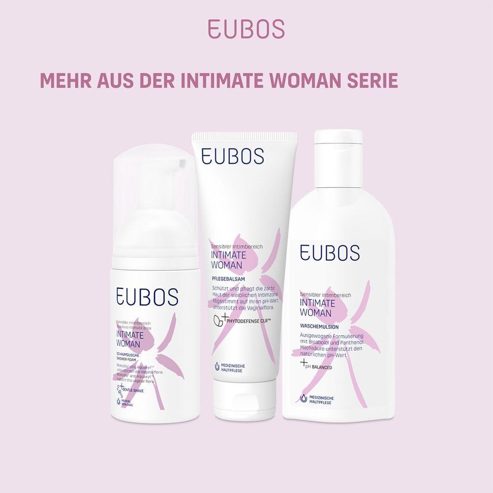 EUBOS Intimate Woman Serie. Drei Produkte auf rosa Hintergrund. Text: Mehr aus der Intimate Woman Serie.