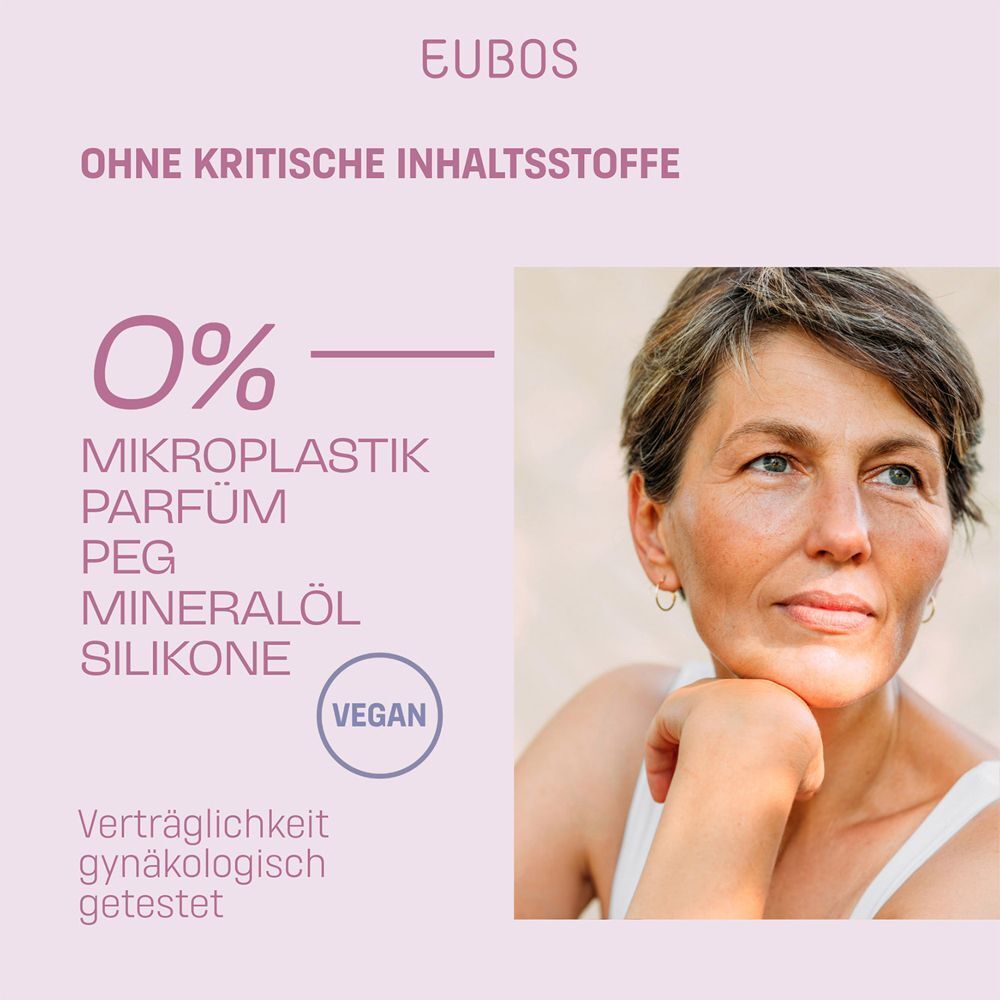 Frau mit EUBOS Intimate Woman. Text: Ohne kritische Inhaltsstoffe. 0% Mikroplastik, Parfum, PEG, Mineralöl, Silikone. Vegan.