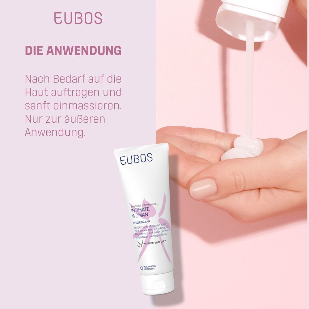 EUBOS Intimate Woman Pflegebalsam. Produkt und Hand. Text: Anwendung: Auf Haut auftragen und einmassieren. Nur äußerlich.