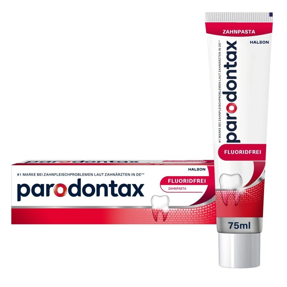 Parodontax Zahnpasta und Kartonverpackung, 75ml.