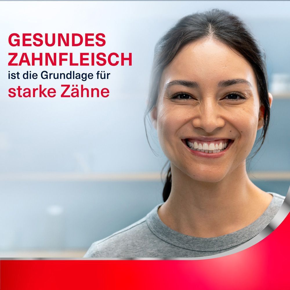 Eine lächelnde Frau. Text: Gesundes Zahnfleisch ist die Grundlage für starke Zähne.