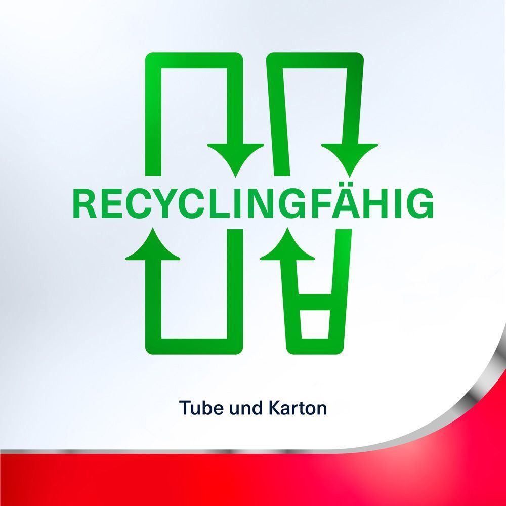 Recyclingfähiges Symbol. Text: Tube und Karton.