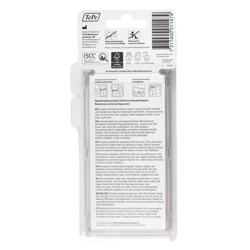 Rückseite der Verpackung mit Produktinformationen, Text in mehreren Sprachen, Logos und Zertifizierungen.