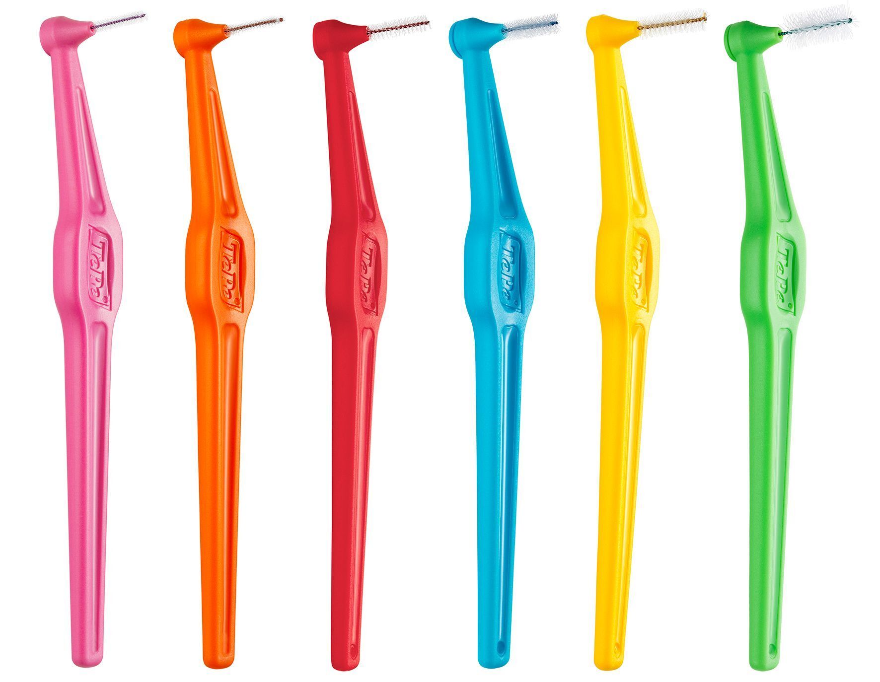 Sechs Interdentalbürsten in verschiedenen Farben: pink, orange, rot, blau, gelb und grün. Marke TePe.