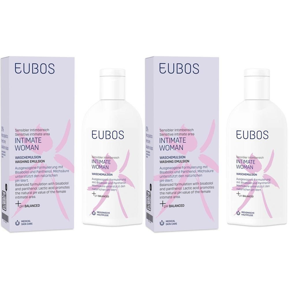 Mehrere Flaschen und Verpackungen von EUBOS Intimate Woman Waschemulsion. Flaschen mit weißem Verschluss, Verpackung mit Produktnamen.