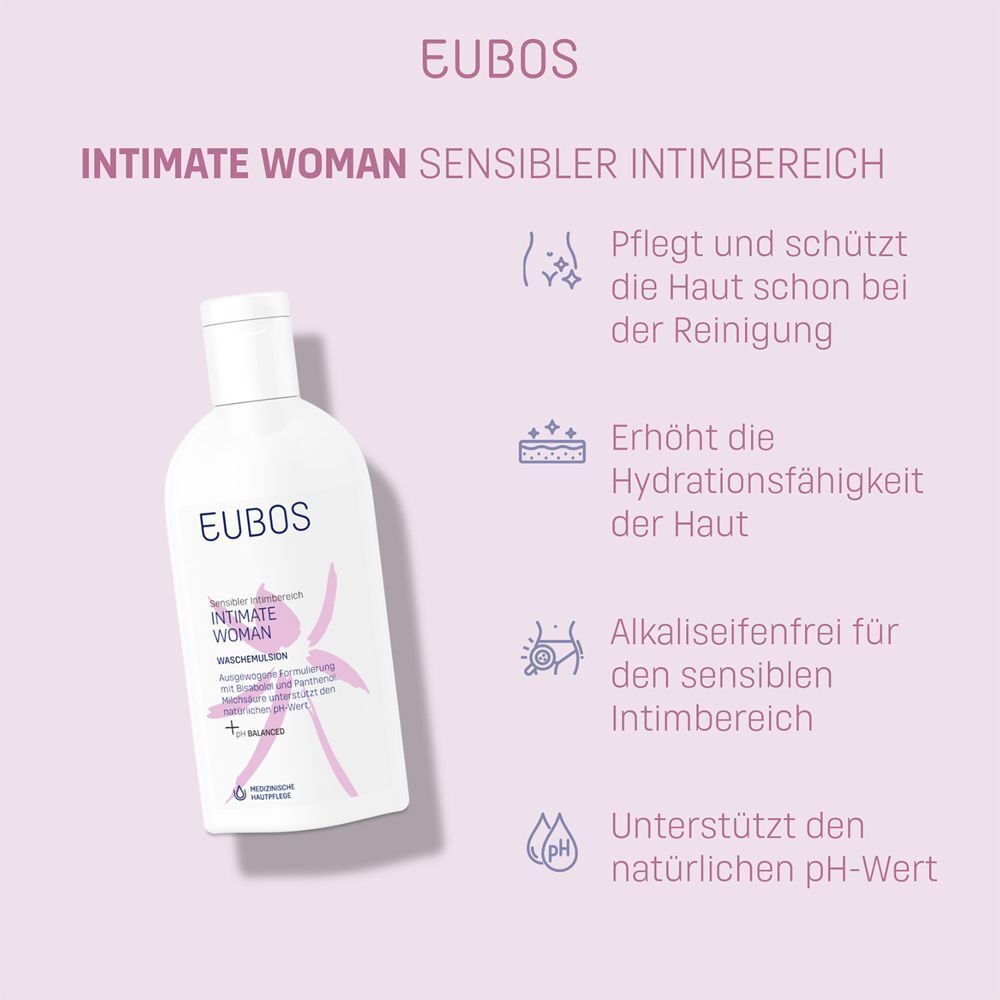 Flasche EUBOS Intimate Woman Waschemulsion. Text: Pflegt und schützt, erhöht die Hydratationsfähigkeit, alkaliseifenfrei, unterstützt pH-Wert.