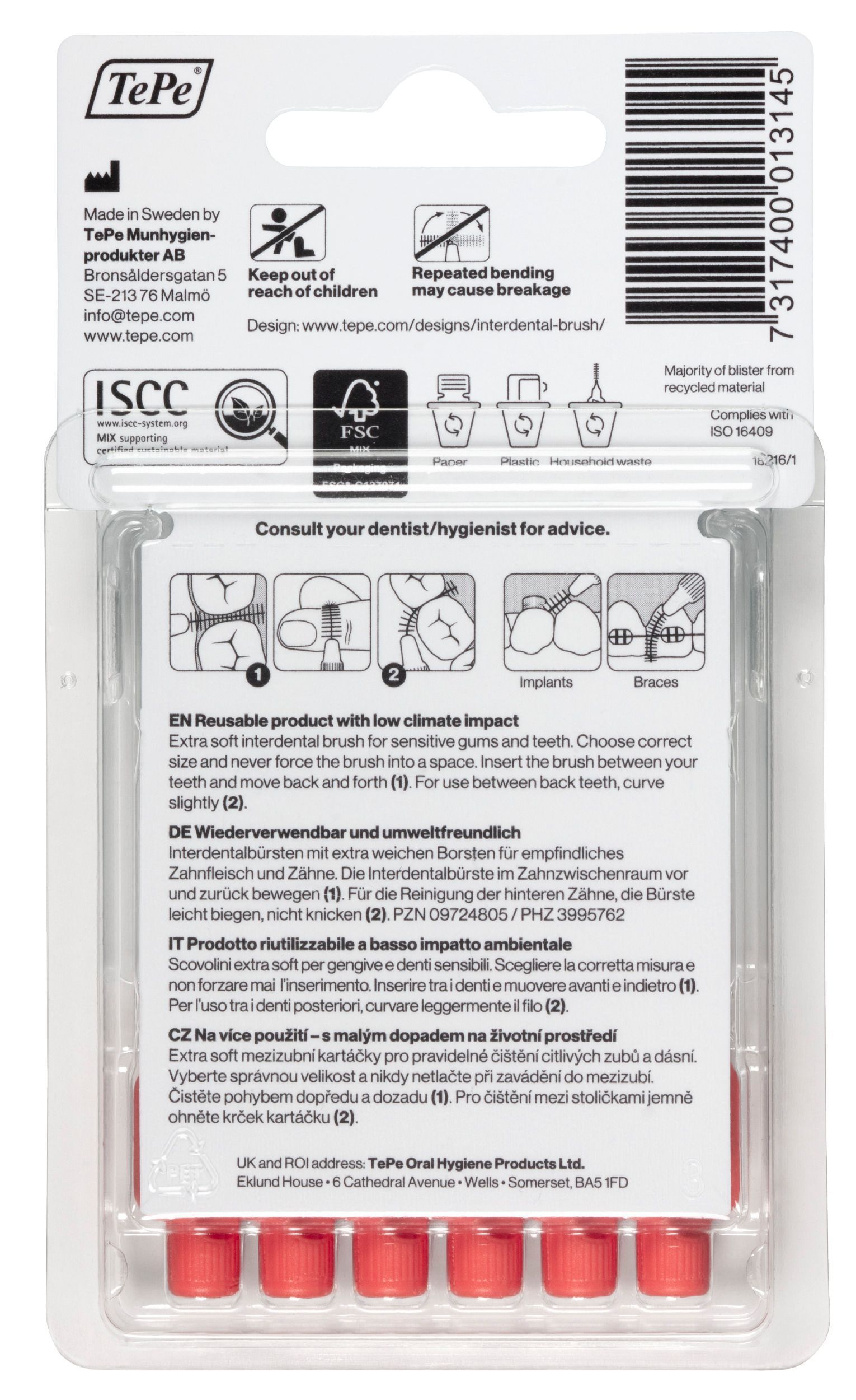Rückseite der Verpackung mit Produktinformationen, Herstelleradresse, FSC-Zertifizierung und Piktogrammen zur Entsorgung.