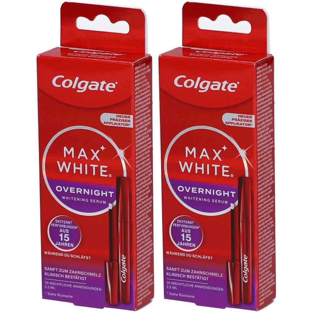 Zwei Packungen Colgate Max White Overnight Whitening Serum. Rote Verpackung mit Produktnamen und Logo. Enthält Applikator.
