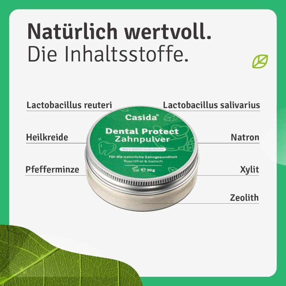Casida Dental Protect Zahnpulver Dose. Inhaltsstoffe beschriftet: Lactobacillus reuteri, Pfefferminze, Heilkreide, Natron, Xylit, Zeolith.